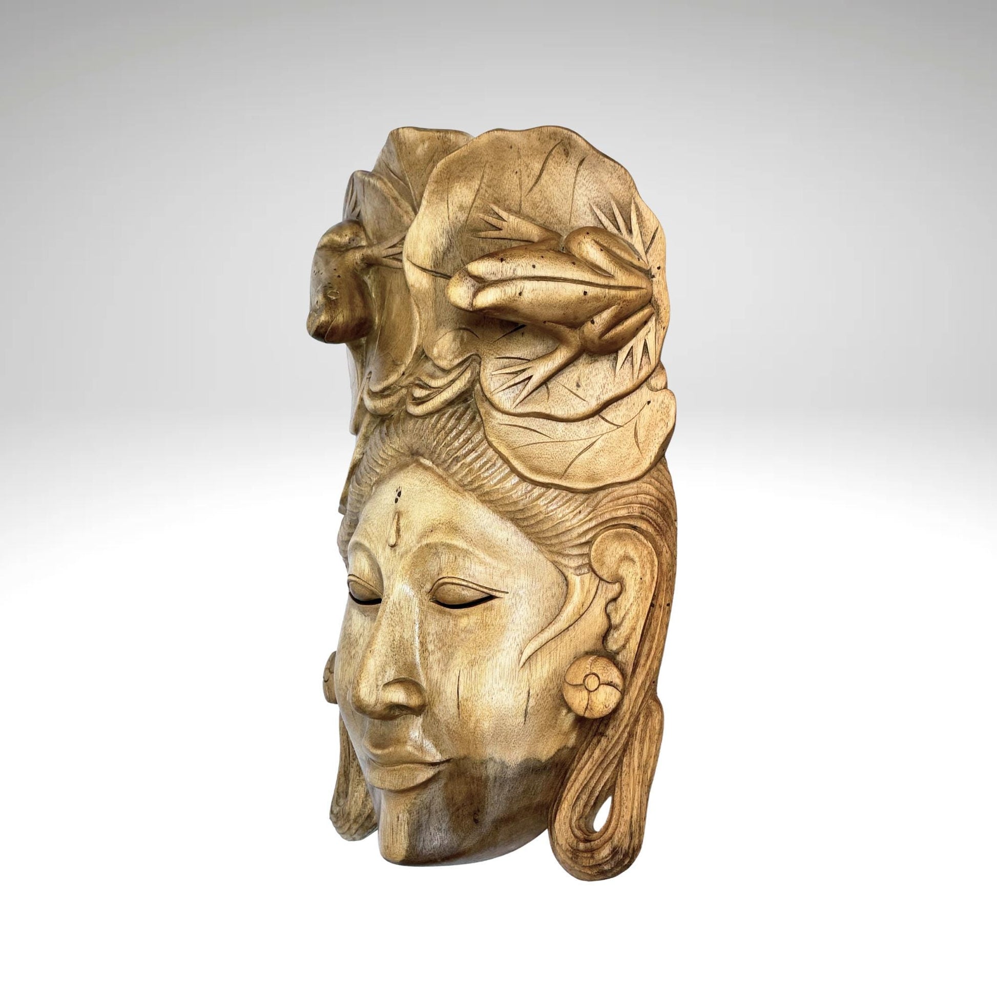 Balinese Mask Dewi Sri With Frogs Fertility Good Luck Abundance Goddess Hand Carved Wood Carving Bali folk art wall decor - Acadia World Traders
