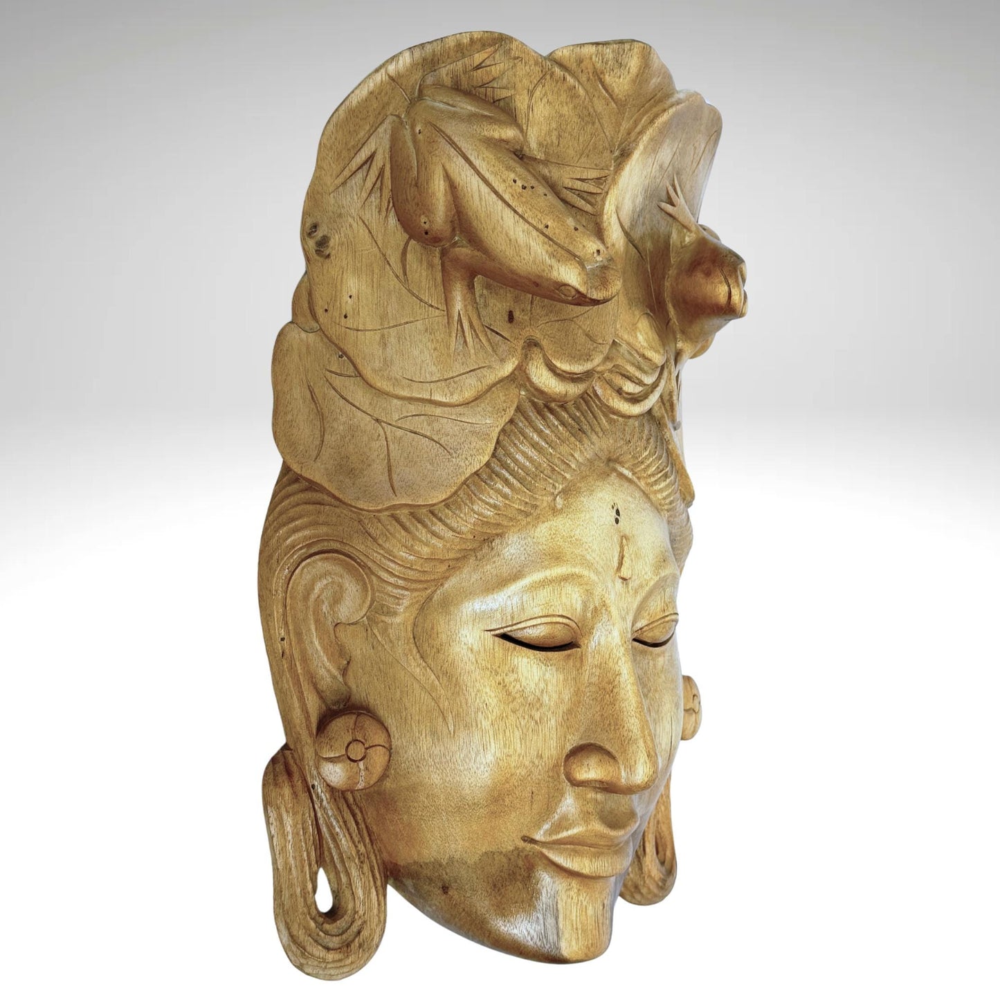 Balinese Mask Dewi Sri With Frogs Fertility Good Luck Abundance Goddess Hand Carved Wood Carving Bali folk art wall decor - Acadia World Traders