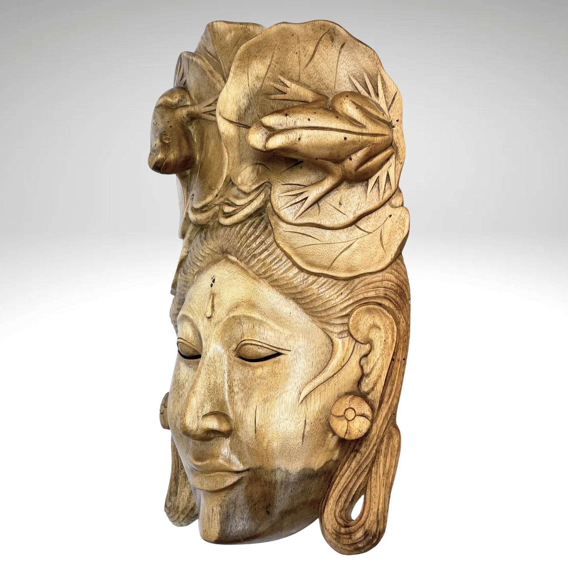 Balinese Mask Dewi Sri With Frogs Fertility Good Luck Abundance Goddess Hand Carved Wood Carving Bali folk art wall decor - Acadia World Traders