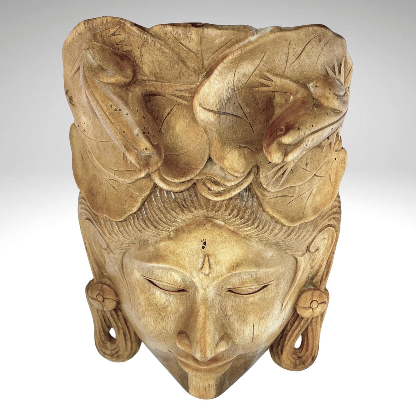 Balinese Mask Dewi Sri With Frogs Fertility Good Luck Abundance Goddess Hand Carved Wood Carving Bali folk art wall decor - Acadia World Traders