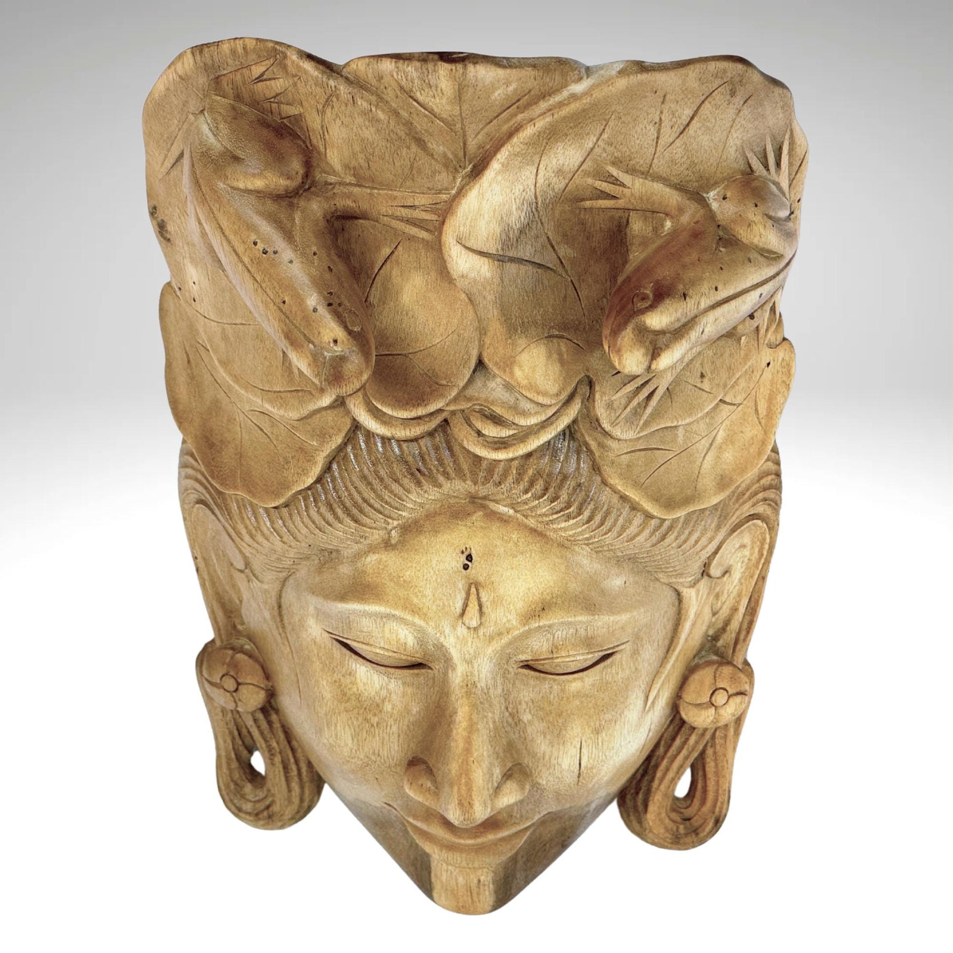 Balinese Mask Dewi Sri With Frogs Fertility Good Luck Abundance Goddess Hand Carved Wood Carving Bali folk art wall decor - Acadia World Traders