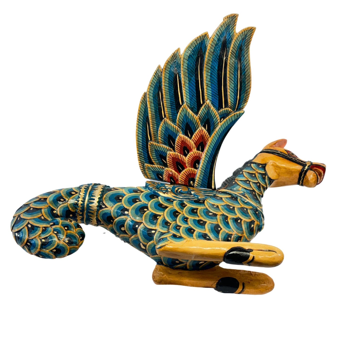 Bali Winged Seahorse Mobile Mythical Makara Merhorse Spirit chaser Crib Guardian Balinese Folk art Hand Carved Wood Carving Teal Indonesian