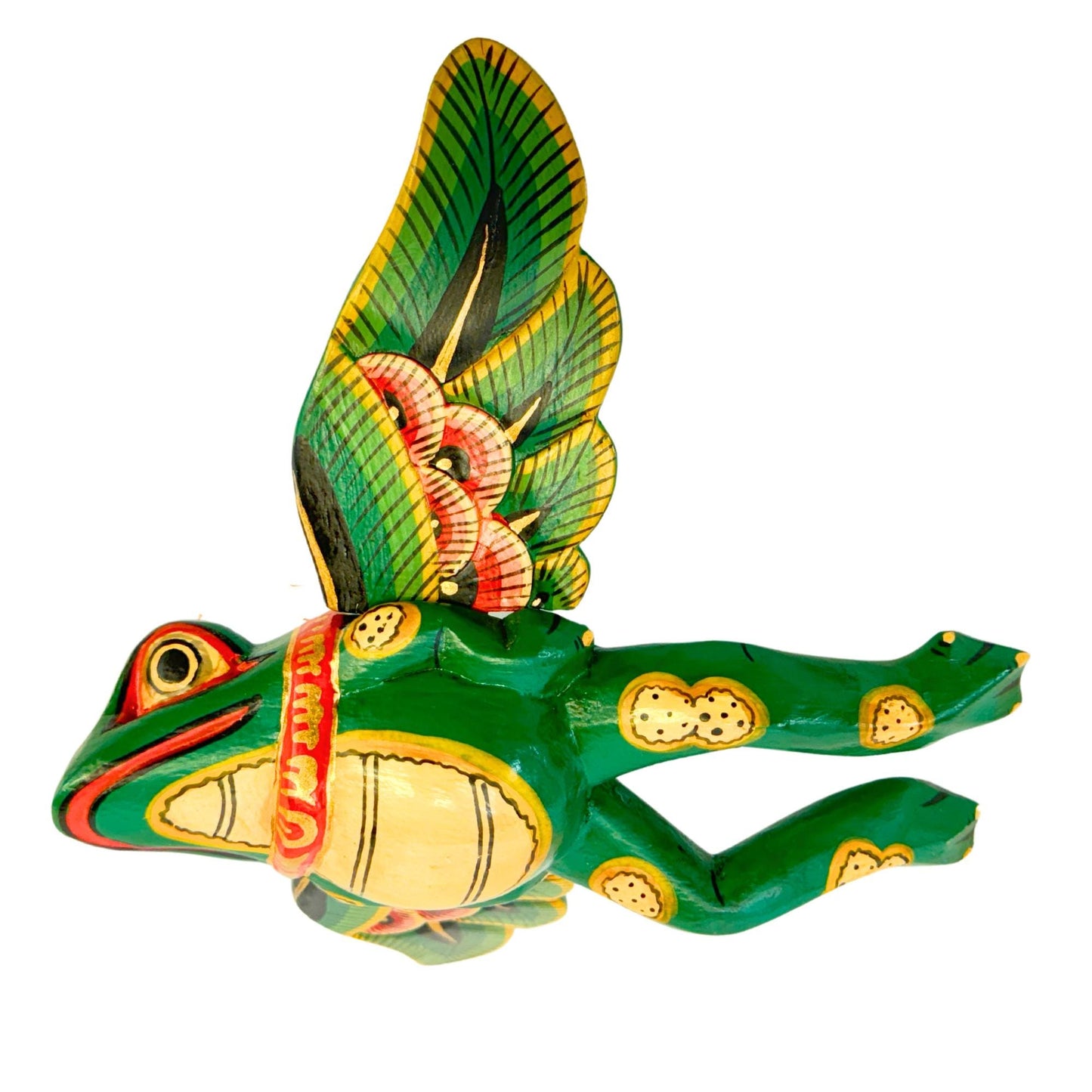 FLYING Frog Mobile Winged Spirit Chaser carved wood Balinese Folk Art green - Acadia World Traders