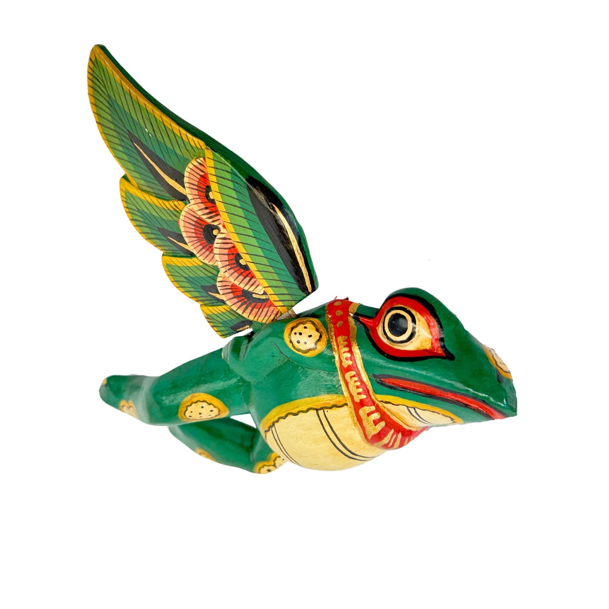 FLYING Frog Mobile Winged Spirit Chaser carved wood Balinese Folk Art green - Acadia World Traders