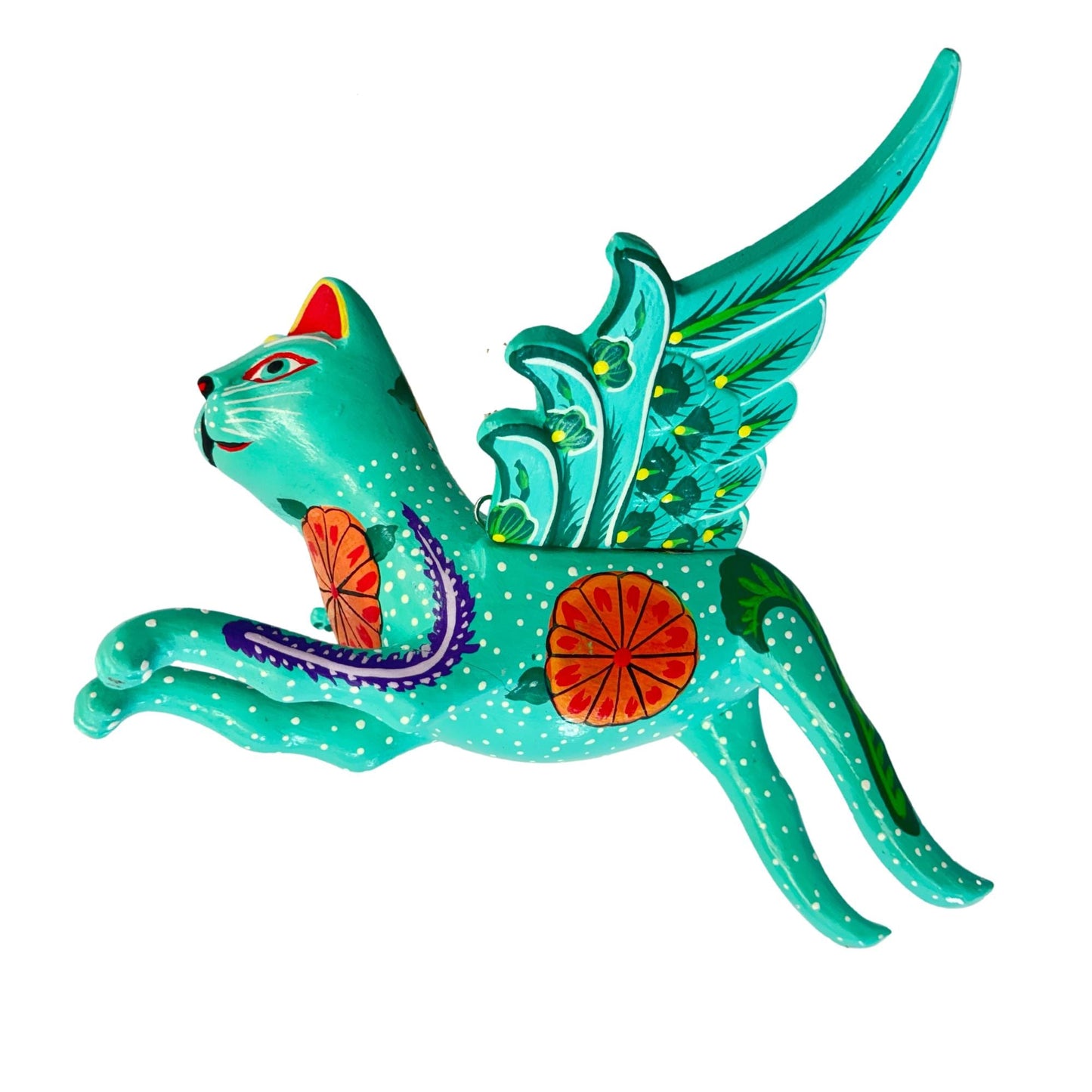 Winged  Cat Mobile Marigold kitty Spiritchaser Demon chaser cradle guardian hand carved wood Cat Lady Balinese Folk Art Turquoise
