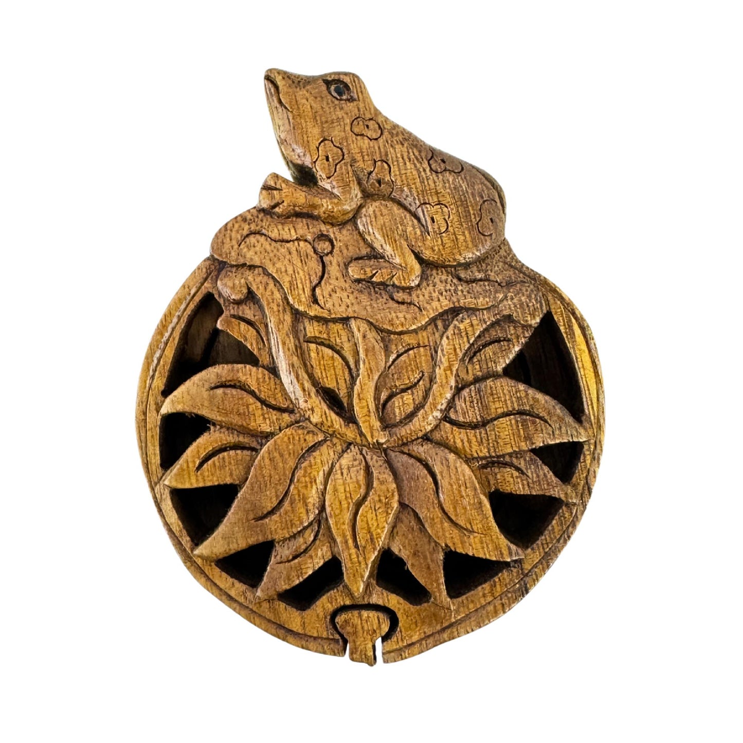 Frog on Lotus WaterlilySecret Puzzle stash jewelry Box Gift Box Hand Carved Wood Frog Carving