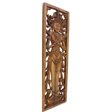 Balinese Lakshmi Goddess of Good Fortune Wisdom Wooden Panel Hand Carved Wood Bali Wall Art Decor