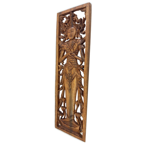 Balinese Lakshmi Goddess of Good Fortune Wisdom Wooden Panel Hand Carved Wood Bali Wall Art Decor