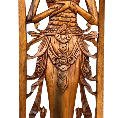 Balinese Lakshmi Goddess of Good Fortune Wisdom Wooden Panel Hand Carved Wood Bali Wall Art Decor