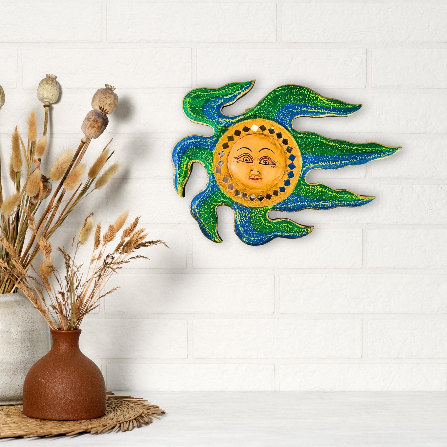 Wind Blown Sun Mini Sunburst Celestial Wall Art Plaque Carved hand painted Bali Balinese folk art Blue Green 12&quot;