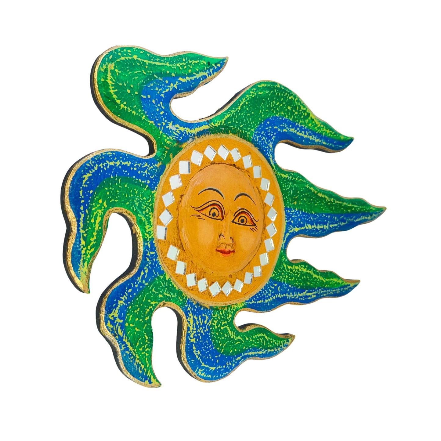 Wind Blown Sun Mini Sunburst Celestial Wall Art Plaque Carved hand painted Bali Balinese folk art Blue Green 12&quot;