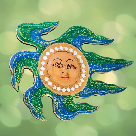 Wind Blown Sun Mini Sunburst Celestial Wall Art Plaque Carved hand painted Bali Balinese folk art Blue Green 12&quot;