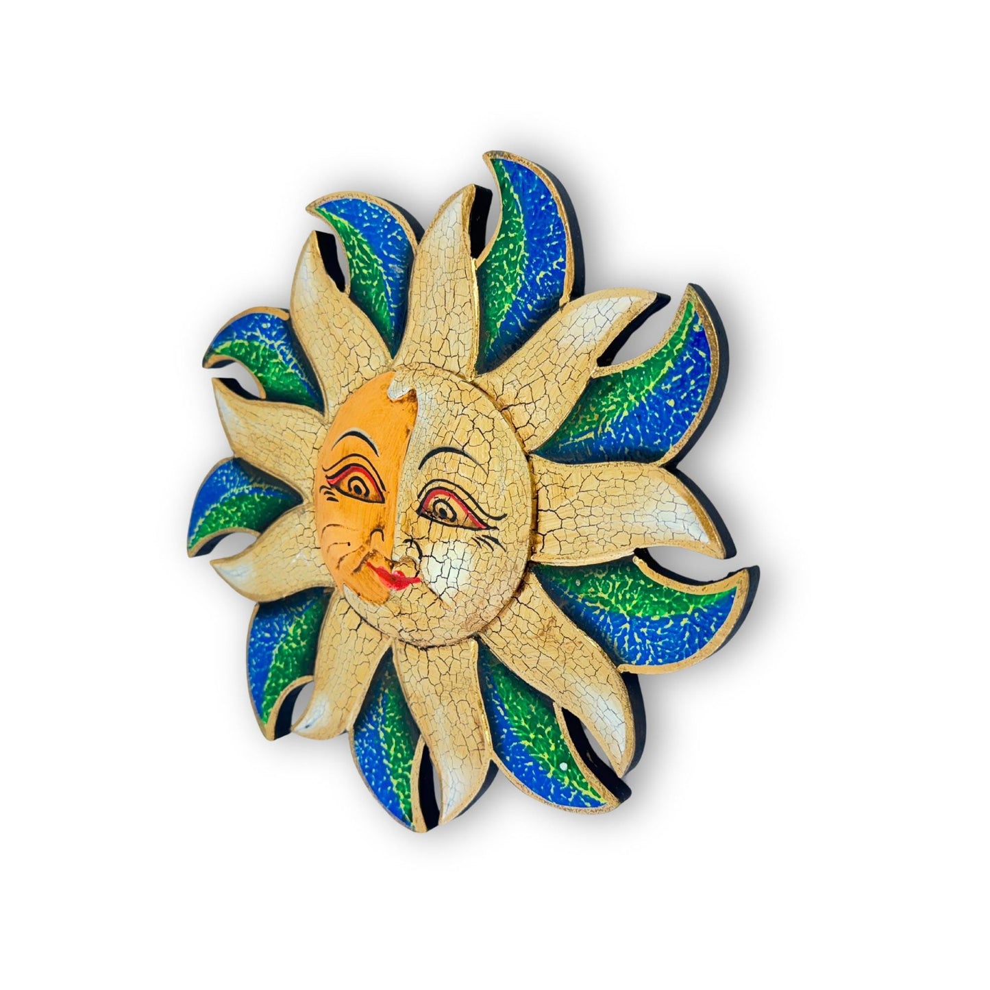 Wind Blown Sun & Moon Eclipse Mini Sunburst Celestial Wall Art Plaque Carved hand painted Bali Balinese folk art Blue Green 8&quot;