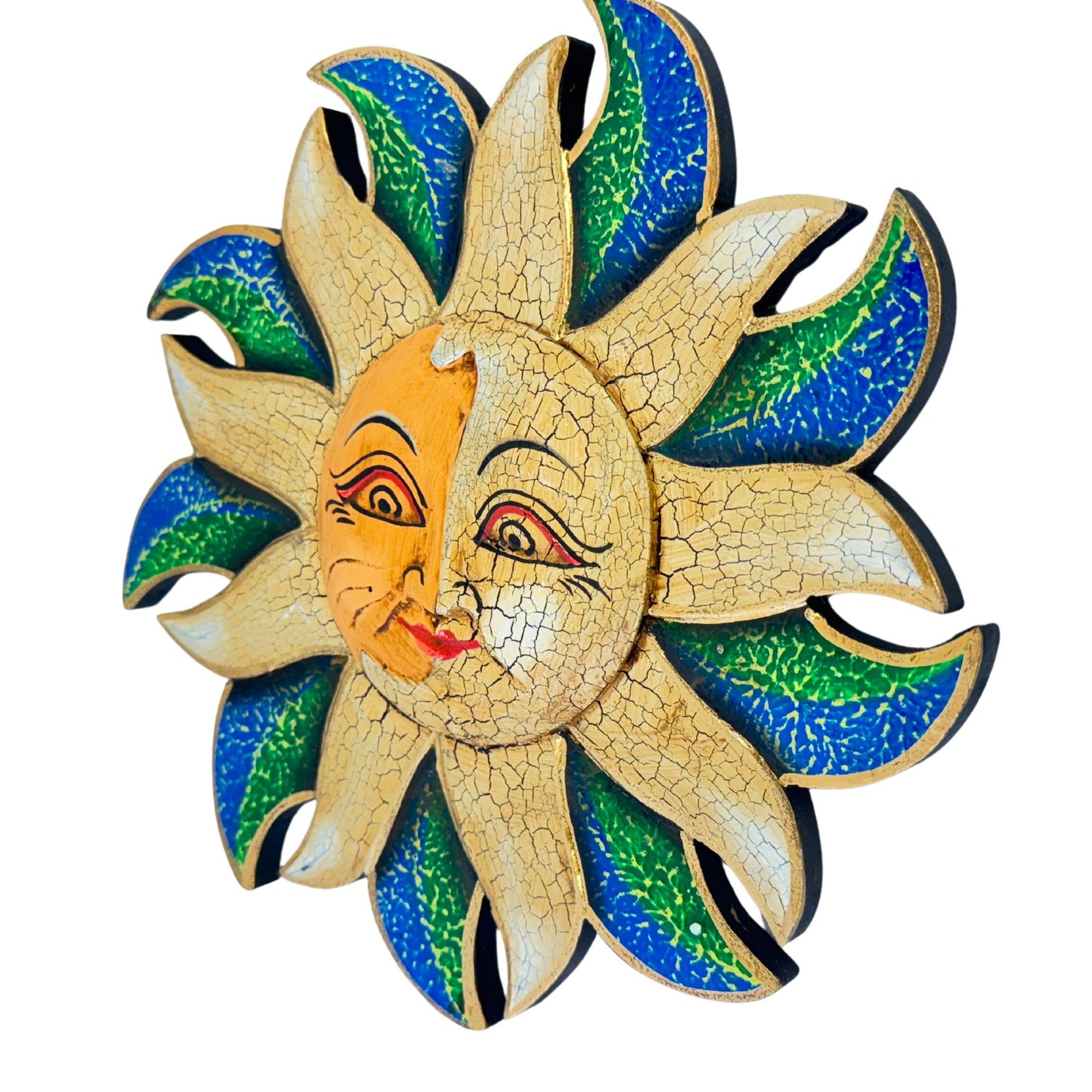 Wind Blown Sun & Moon Eclipse Mini Sunburst Celestial Wall Art Plaque Carved hand painted Bali Balinese folk art Blue Green 8&quot;