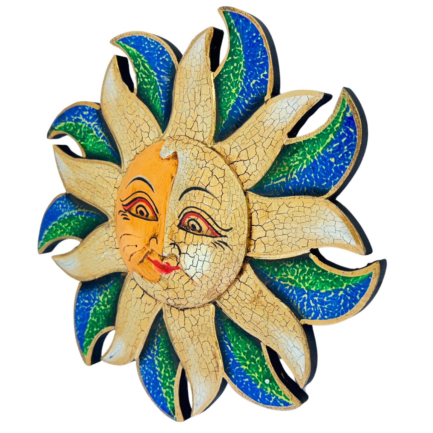 Wind Blown Sun & Moon Eclipse Mini Sunburst Celestial Wall Art Plaque Carved hand painted Bali Balinese folk art Blue Green 8&quot;