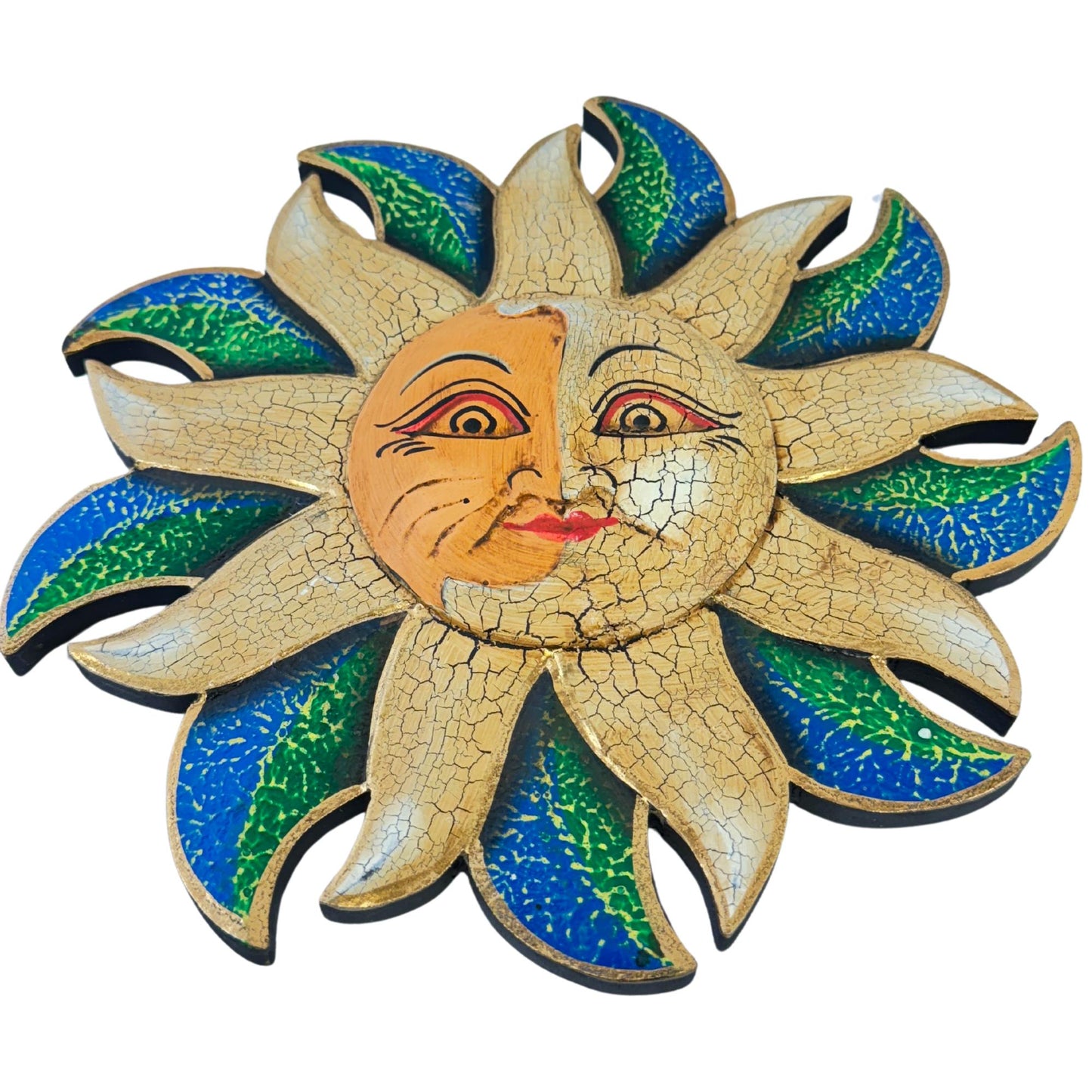 Wind Blown Sun & Moon Eclipse Mini Sunburst Celestial Wall Art Plaque Carved hand painted Bali Balinese folk art Blue Green 8&quot;