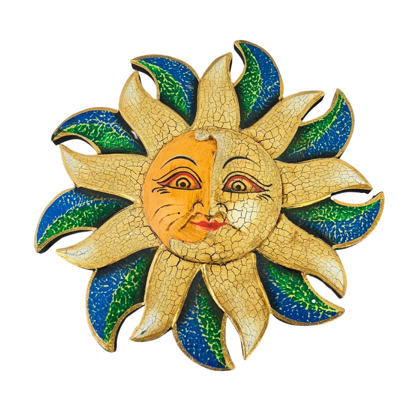 Wind Blown Sun & Moon Eclipse Mini Sunburst Celestial Wall Art Plaque Carved hand painted Bali Balinese folk art Blue Green 8&quot;