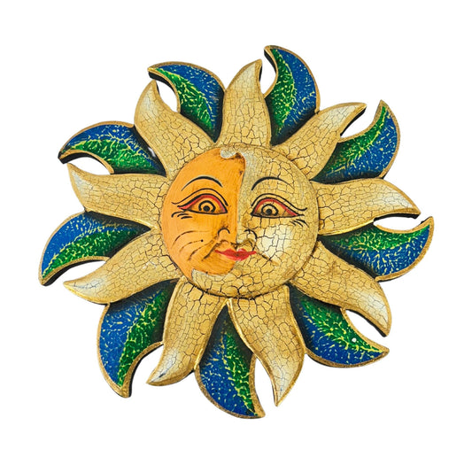 Hand Carved Sun Moon Wall Plaque Decor: Balinese Folk Art , Blue Green (8")