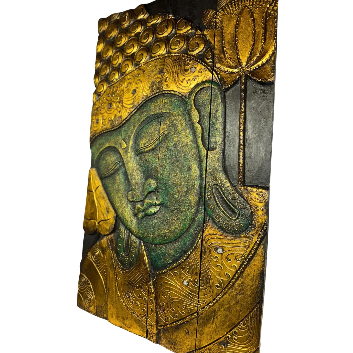 Buddha Carved Wooden Panel Wall Art Folding Screen Wood Carving Balinese   Eclectic Asian Style Boho Decor Gold Verdigris Green