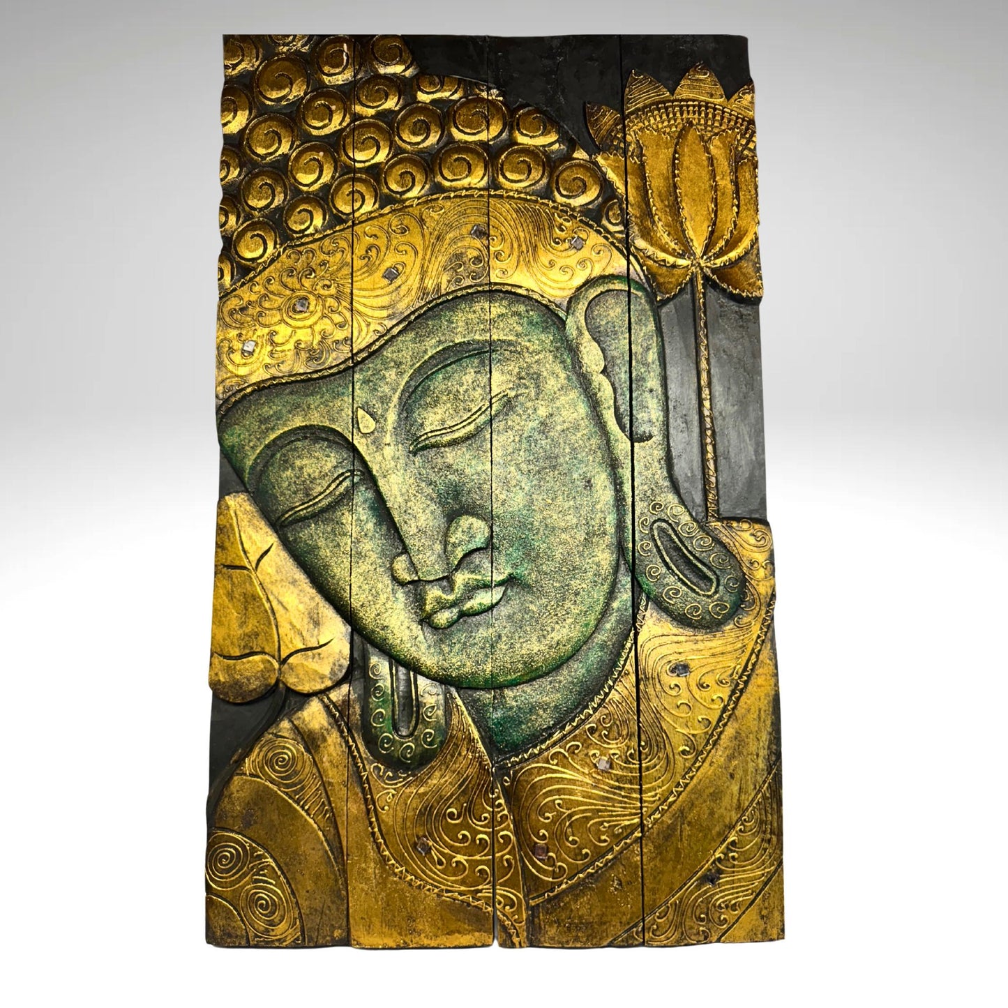 Buddha Carved Wooden Panel Wall Art Folding Screen Wood Carving Balinese   Eclectic Asian Style Boho Decor Gold Verdigris Green