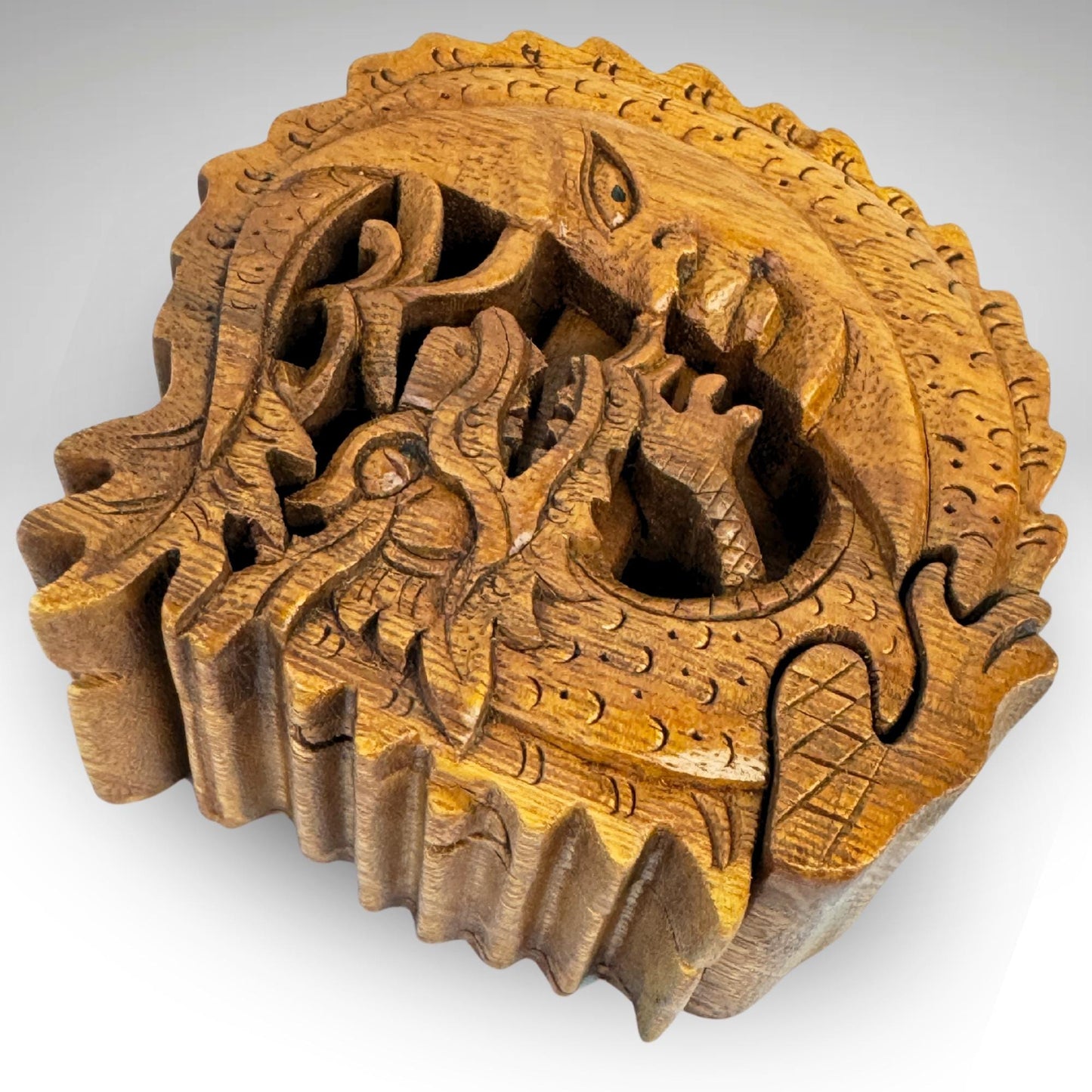 Hand Carved Wood Dragon Moon Puzzle Box: Balinese Naga Art Trinket Stash Box