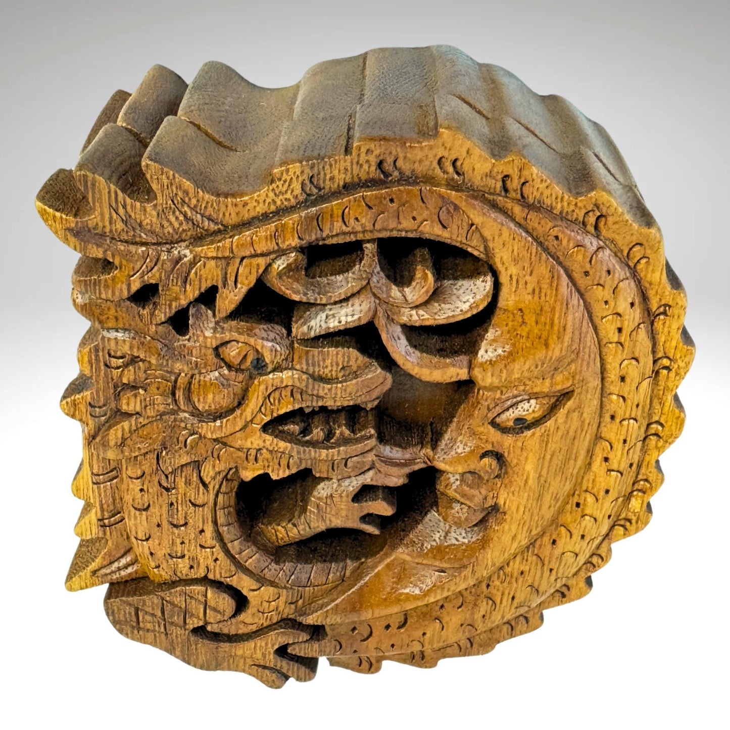 Hand Carved Wood Dragon Moon Puzzle Box: Balinese Naga Art Trinket Stash Box