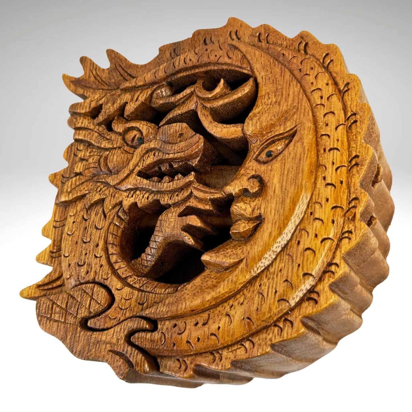 Hand Carved Wood Dragon Moon Puzzle Box: Balinese Naga Art Trinket Stash Box