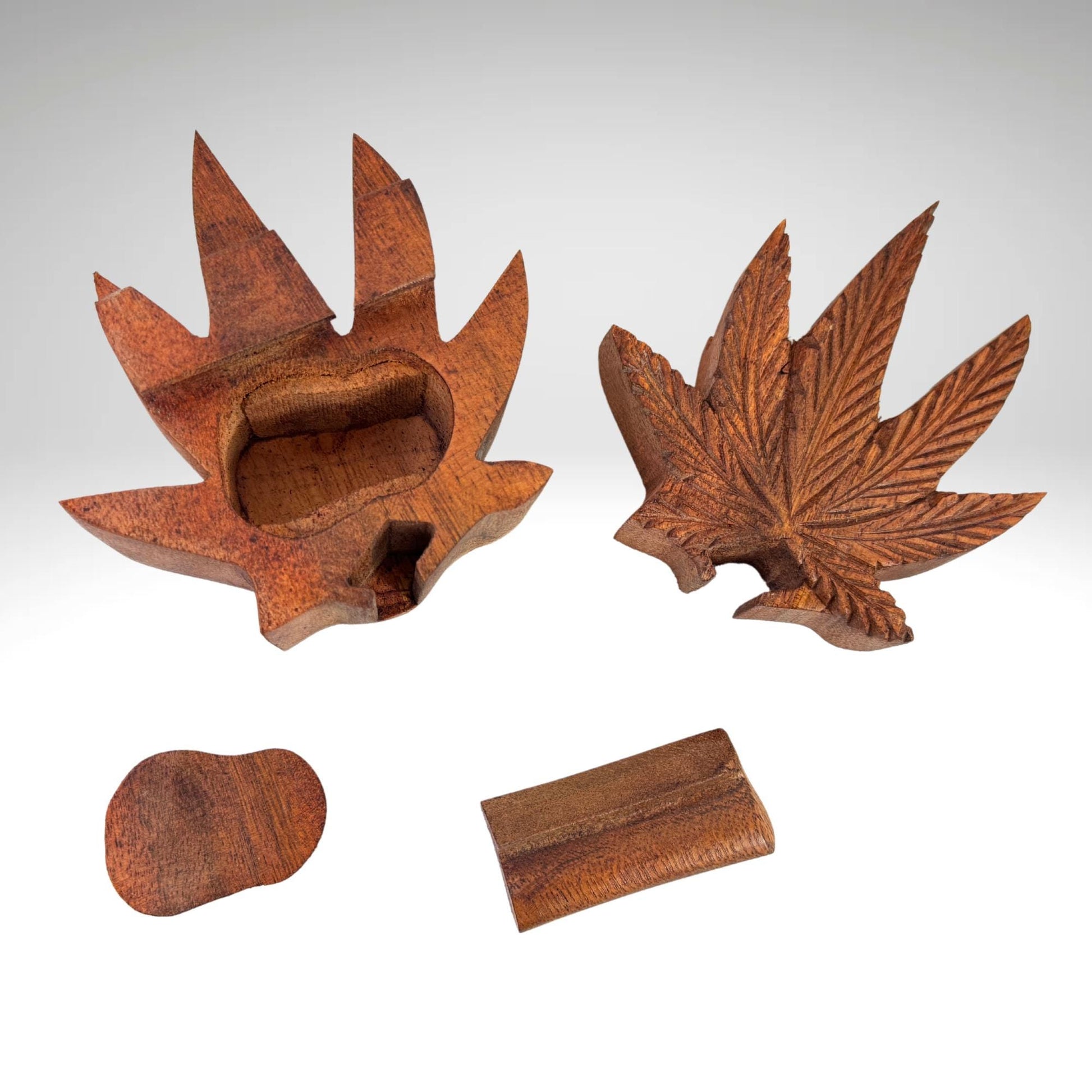 Weed Hemp Leaf Secret Puzzle Trinket Stash Box Jewelry gift Box Hand Carved Wood Carving Bali art - Acadia World Traders