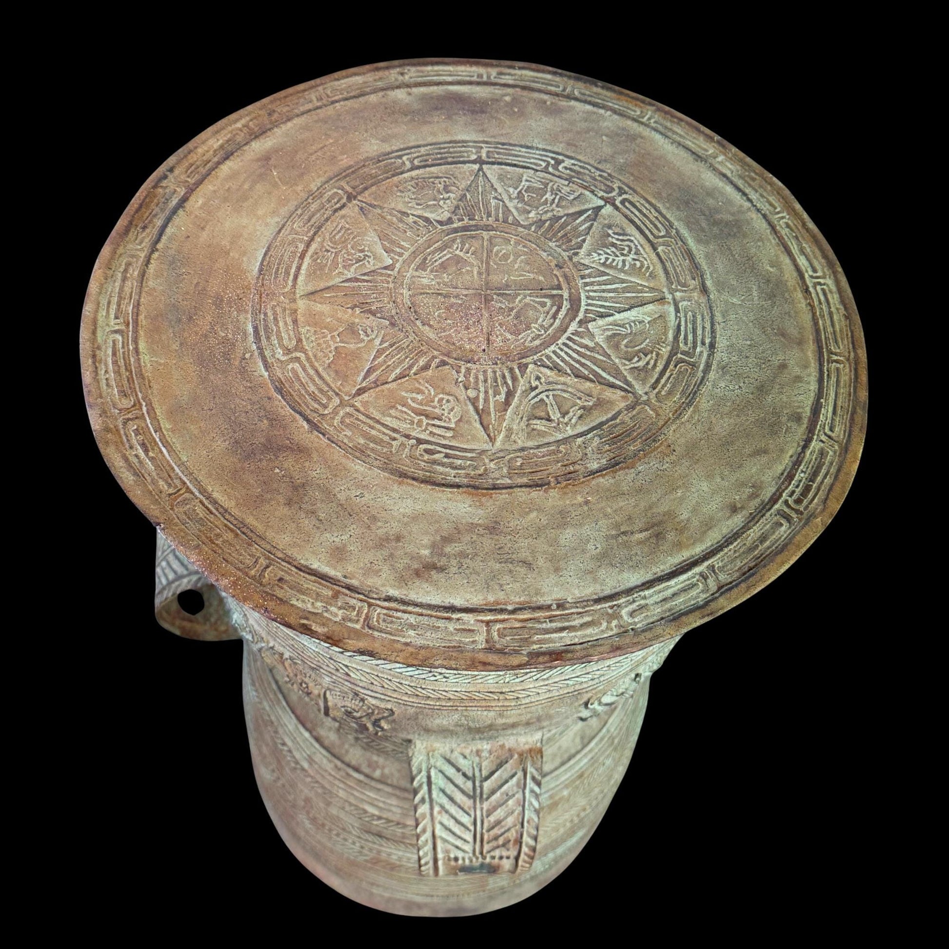 Vintage Rain Drum genuine Bronze Moko Garden side table plant stand Balinese Indonesian art Green Verdigris Patina - Acadia World Traders