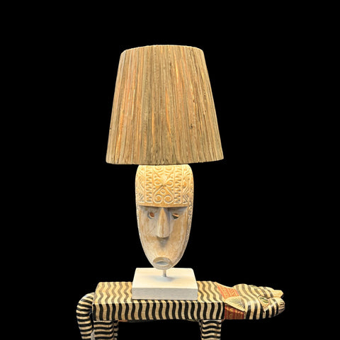 Carved Mask Table Lamp Accent Lamp Hand Carved Wood Natural Fiber Lamp Shade Tribal Boho Decor Handmade Bali Art