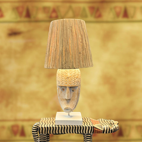 Carved Mask Table Lamp Accent Lamp Hand Carved Wood Natural Fiber Lamp Shade Tribal Boho Decor Handmade Bali Art