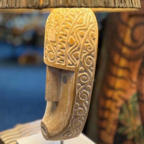 Carved Mask Table Lamp Accent Lamp Hand Carved Wood Natural Fiber Lamp Shade Tribal Boho Decor Handmade Bali Art