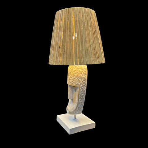 Carved Mask Table Lamp Accent Lamp Hand Carved Wood Natural Fiber Lamp Shade Tribal Boho Decor Handmade Bali Art