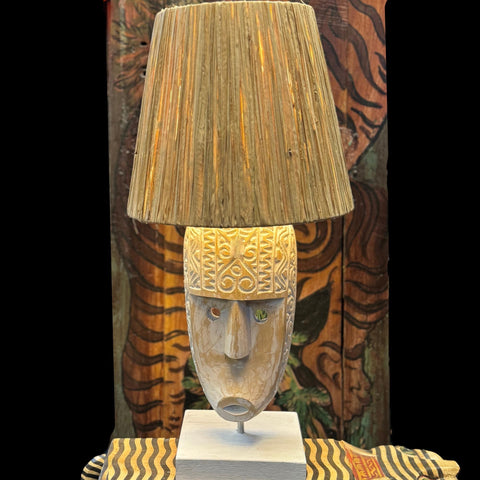 Carved Mask Table Lamp Accent Lamp Hand Carved Wood Natural Fiber Lamp Shade Tribal Boho Decor Handmade Bali Art