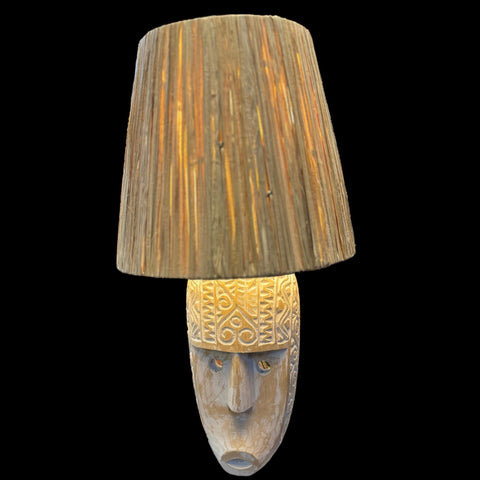 Carved Mask Table Lamp Accent Lamp Hand Carved Wood Natural Fiber Lamp Shade Tribal Boho Decor Handmade Bali Art