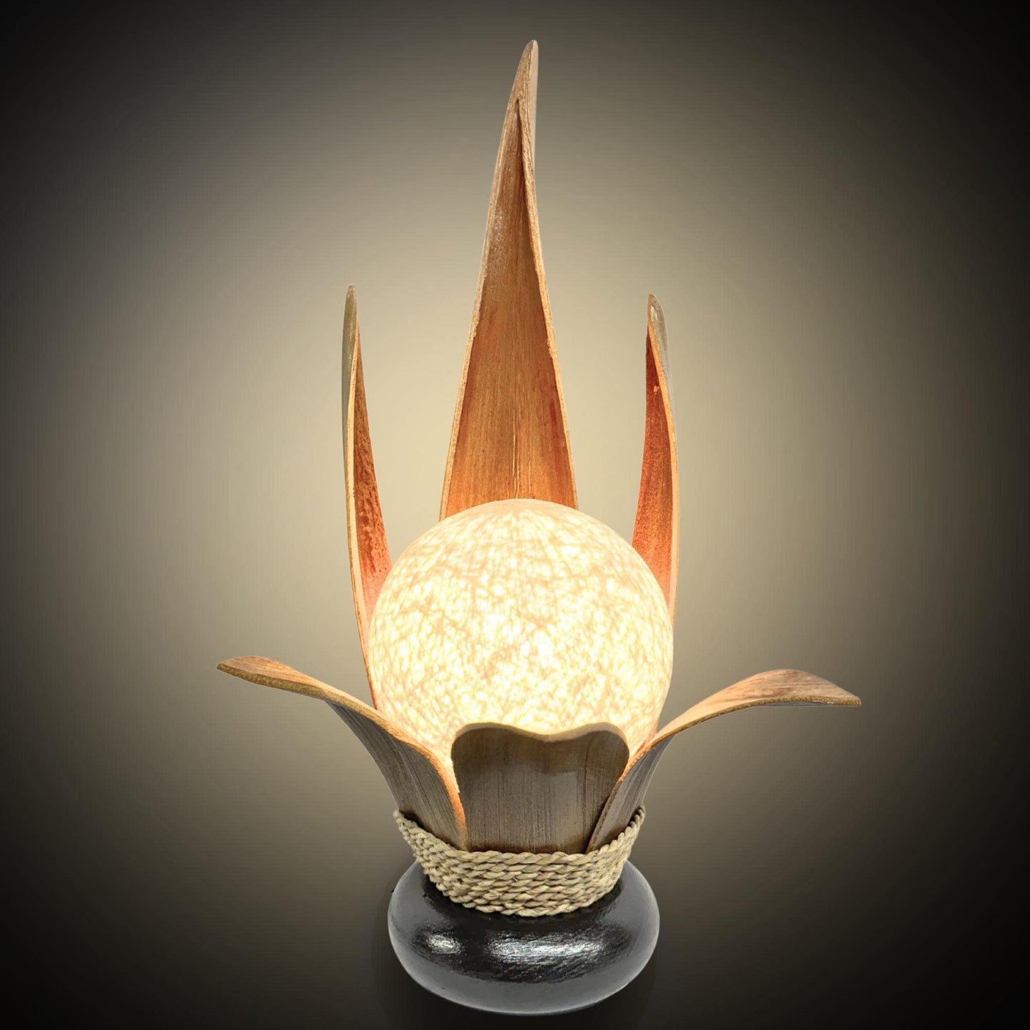 Accent Table Lamp Lotus Natural Upcycled Palm Frond Sheath Boho Decor Handmade Balinese Homeware Art