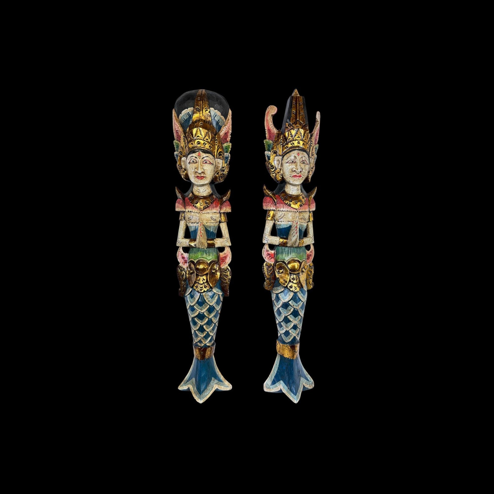 Balinese Mermaid Wall Art Dewi Sinta Goddess & Rama Guardian Hand carved wood Polychrome folk art carving - Acadia World Traders