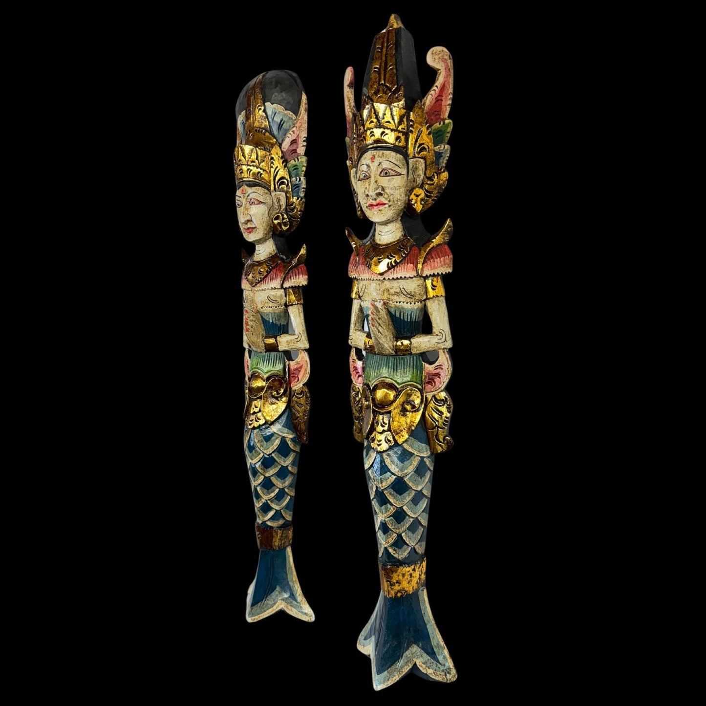 Balinese Mermaid Wall Art Dewi Sinta Goddess & Rama Guardian Hand carved wood Polychrome folk art carving - Acadia World Traders