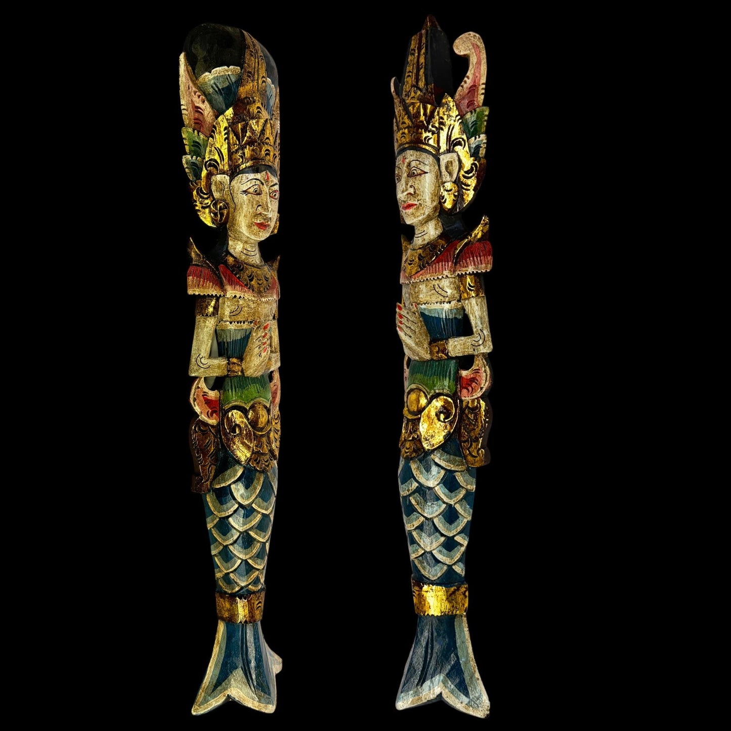 Balinese Mermaid Wall Art Dewi Sinta Goddess & Rama Guardian Hand carved wood Polychrome folk art carving - Acadia World Traders