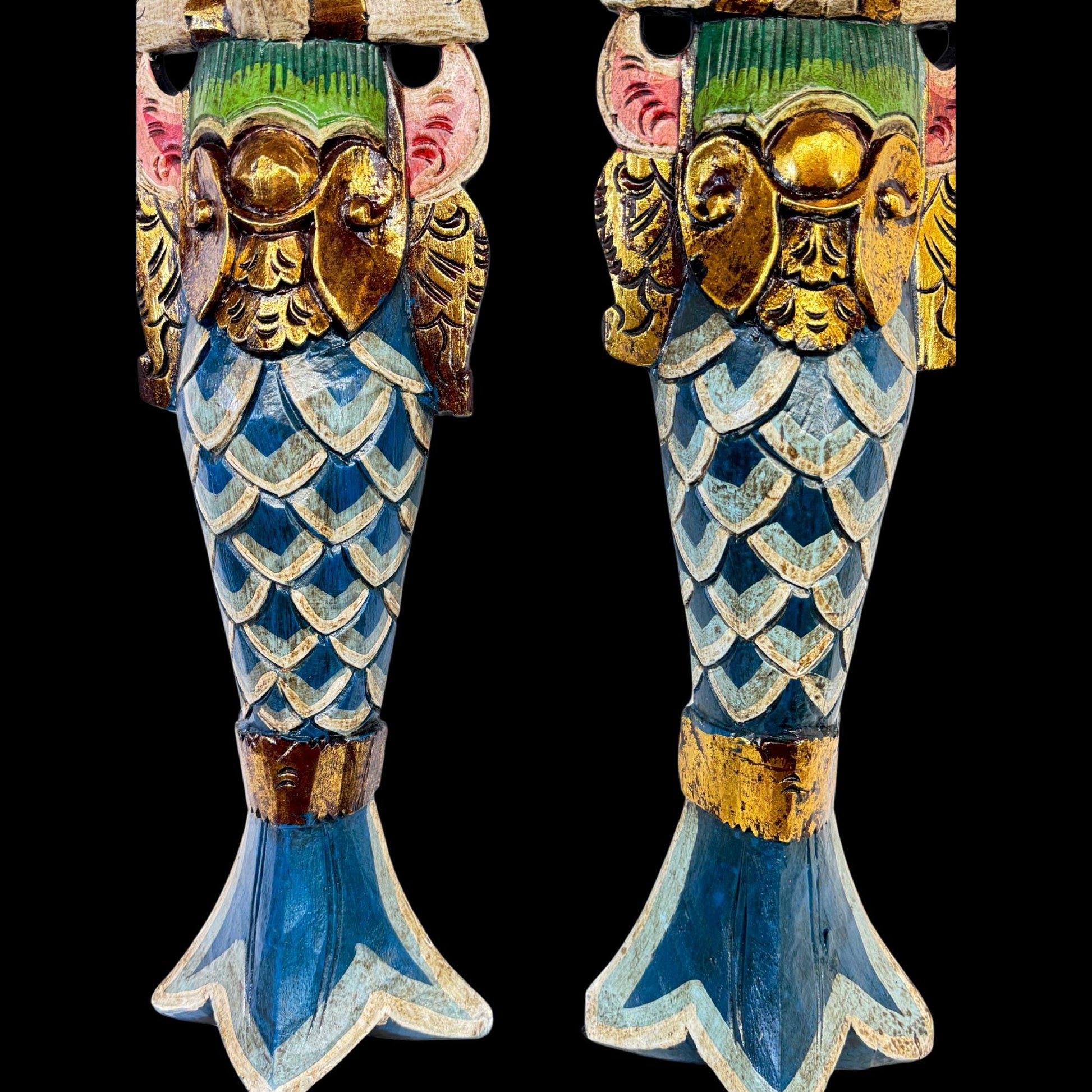 Balinese Mermaid Wall Art Dewi Sinta Goddess & Rama Guardian Hand carved wood Polychrome folk art carving - Acadia World Traders