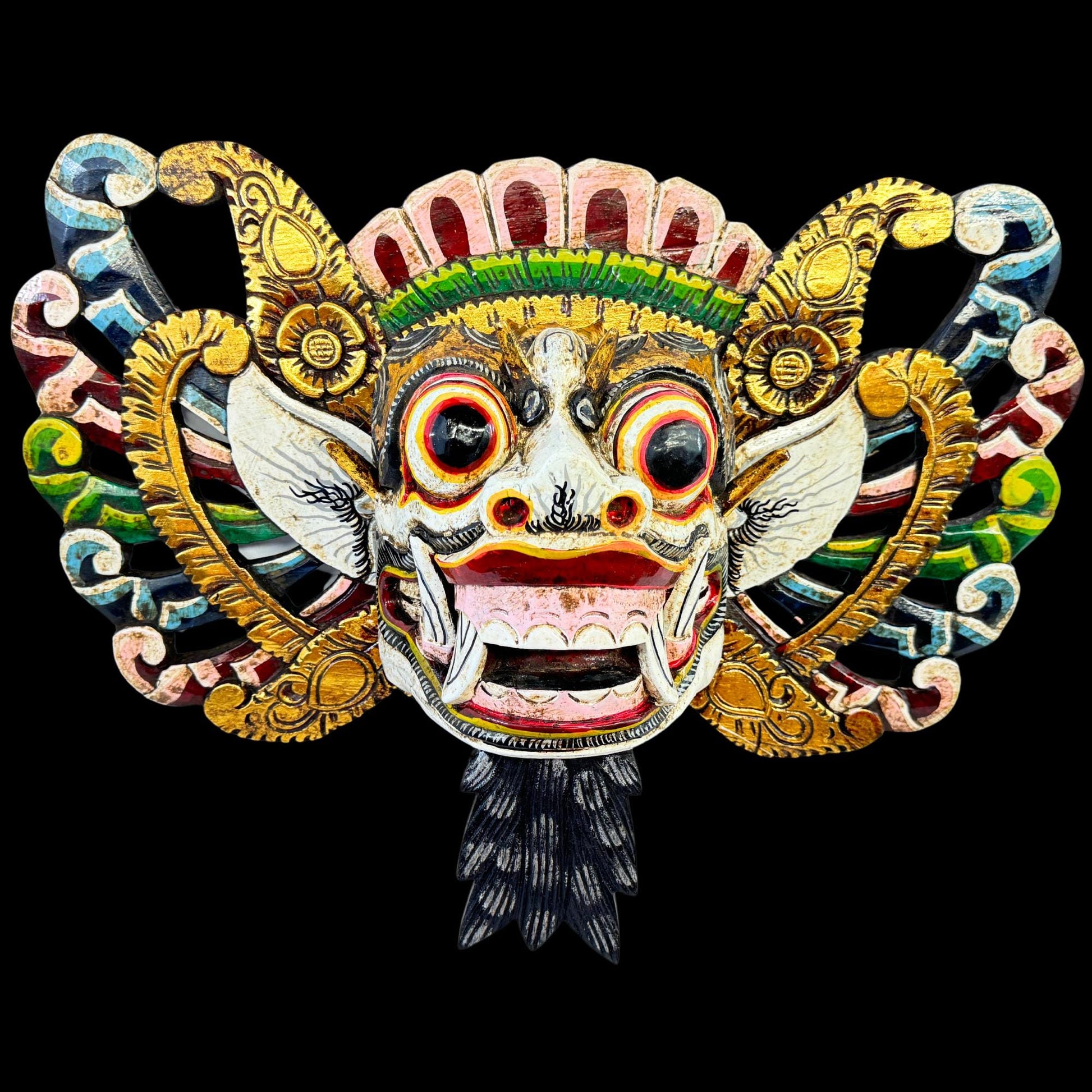 Balinese Mask Barong Protector Guardian  Mask Polychrome Hand Carved wood Carving Bali Folk Art Wall Decor - Acadia World Traders