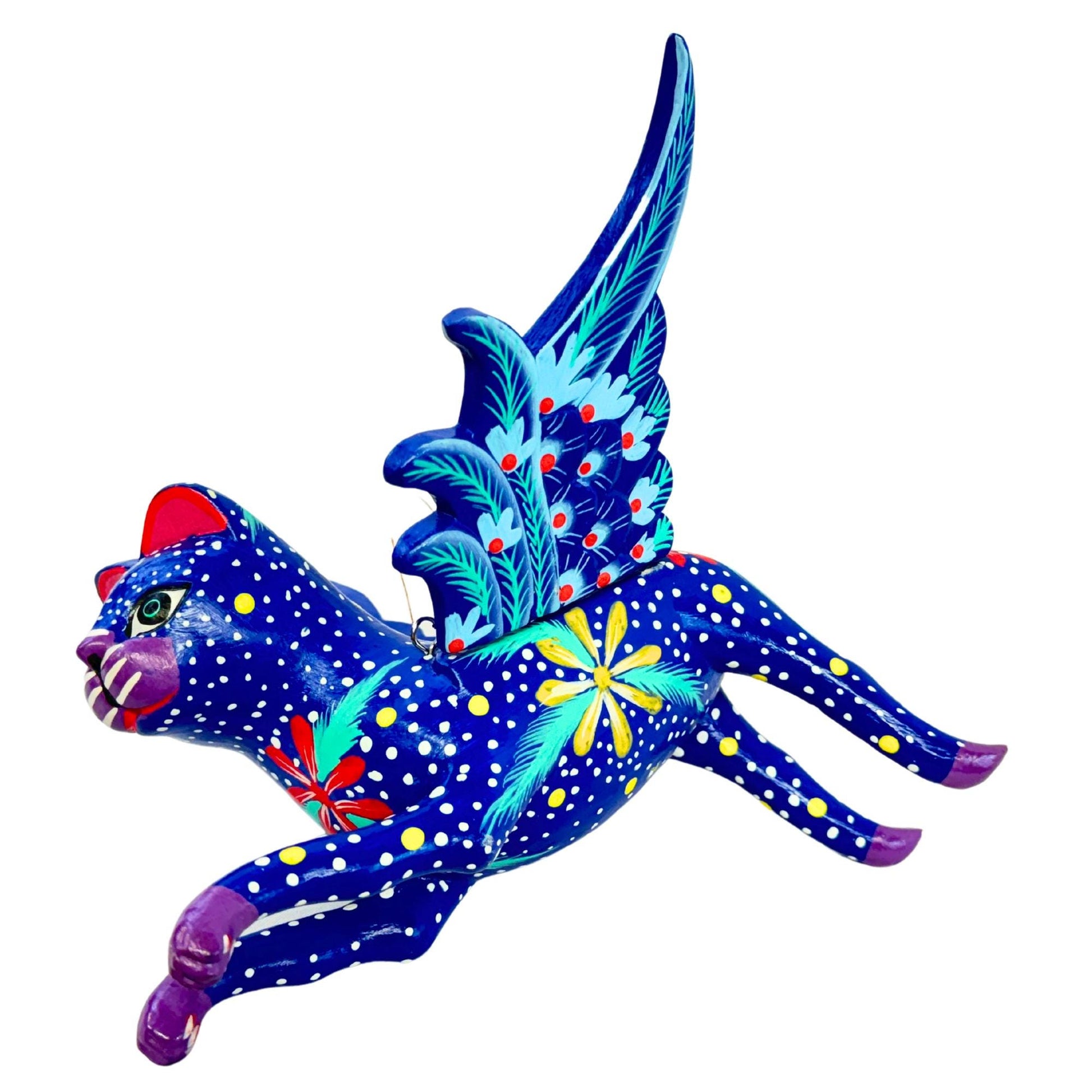 Winged Blue Cat Mobile Jasmine Jazzy kitty Spiritchaser Demon chaser cradle guardian hand carved wood Cat Lady Balinese Folk Art - Acadia World Traders