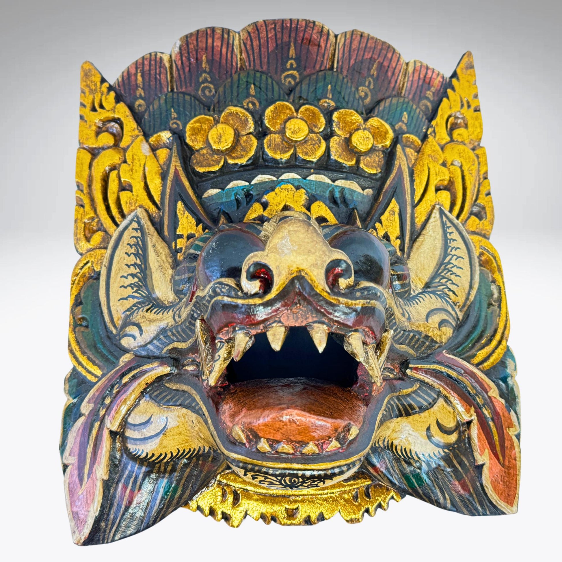 Balinese Mask Barong Singa Lion Mask Protector Guardian Polychrome Hand Carved Wood Bali Folk Art wooden Mask Wall Decor - Acadia World Traders