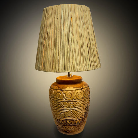 Ginger Jar Table Lamp Hand Carved Reclaimed Teak Wood Accent Lamp Natural Raffia Fiber Lamp Shade Boho Decor Handmade Bali Art