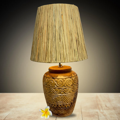 Ginger Jar Table Lamp Hand Carved Reclaimed Teak Wood Accent Lamp Natural Raffia Fiber Lamp Shade Boho Decor Handmade Bali Art