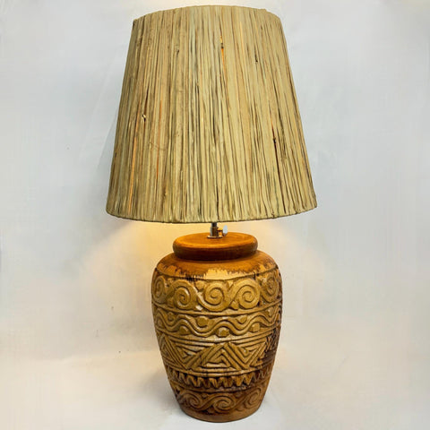 Ginger Jar Table Lamp Hand Carved Reclaimed Teak Wood Accent Lamp Natural Raffia Fiber Lamp Shade Boho Decor Handmade Bali Art