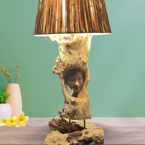 Nature Spirit Goddess Table Lamp Hand Carved Reclaimed Teak Wood Accent Lamp Natural Raffia Fiber Lamp Shade Boho Decor Handmade Bali Art