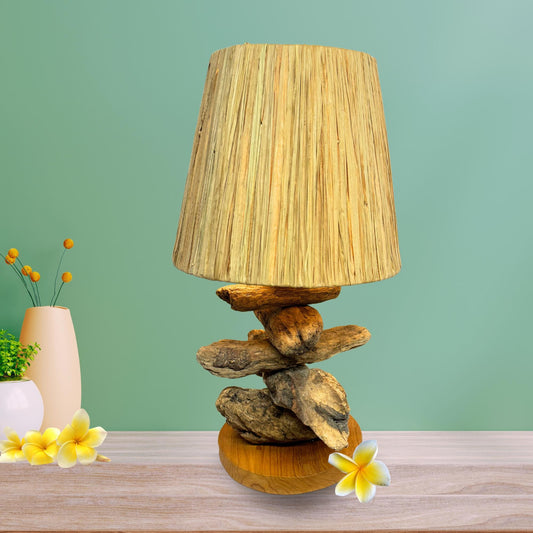 Handmade Driftwood Table Lamp: Raffia Shade, Beach Cottage Decor