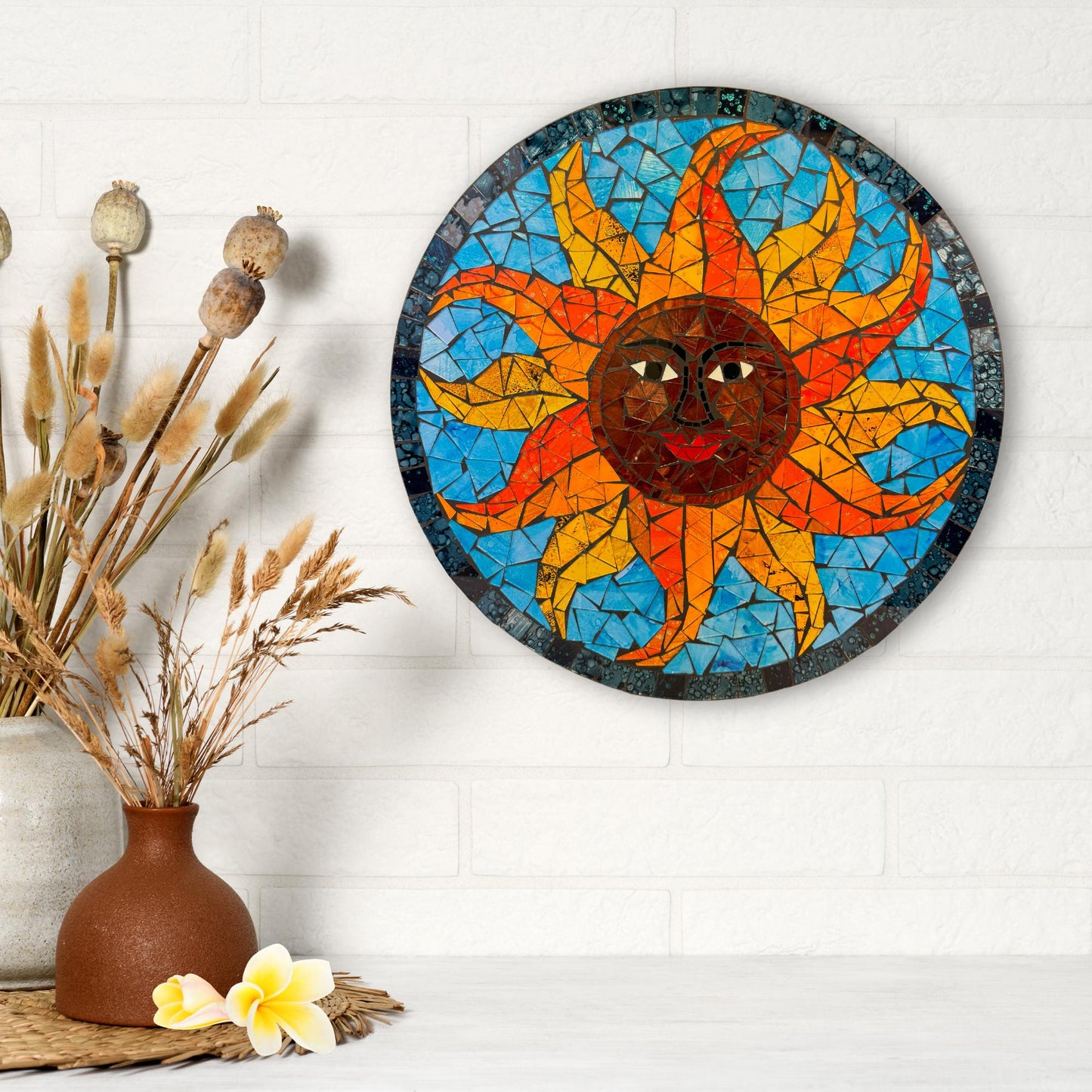Sun Sunburst Mosaic Wall Art Plaque Panel Hand Painted Glass Bali Handicraft Boho Decor - Acadia World Traders