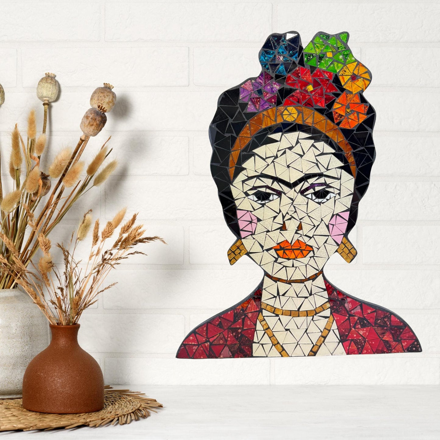 Frida Kahlo Feminist Icon Mosaic Wall Art Plaque Panel Hand Painted Glass Bali Handicraft Boho Decor - Acadia World Traders